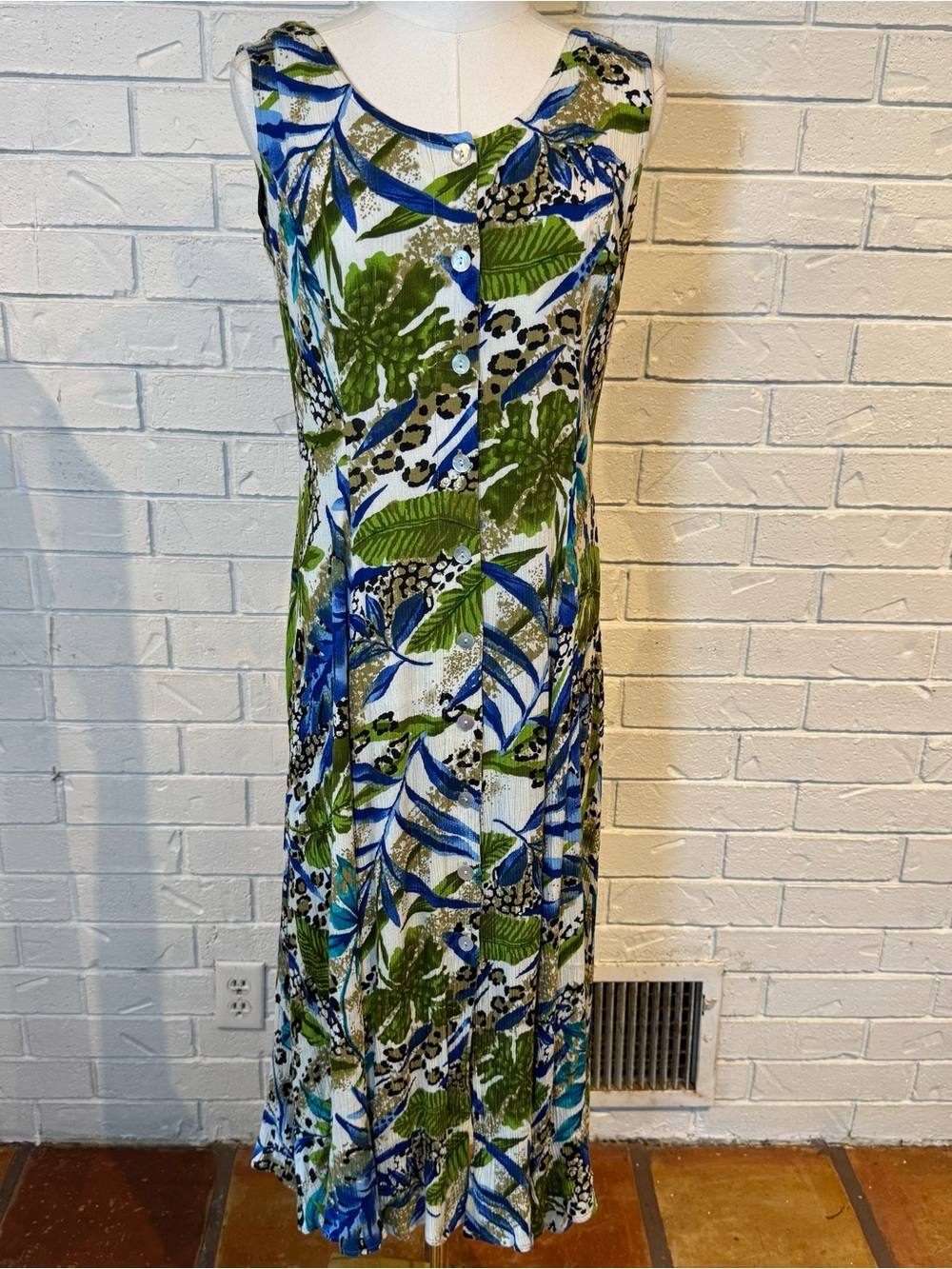 Vintage Y2K Dress Barn Tropical Leaf Print Button-Front Maxi Dress Womens 6